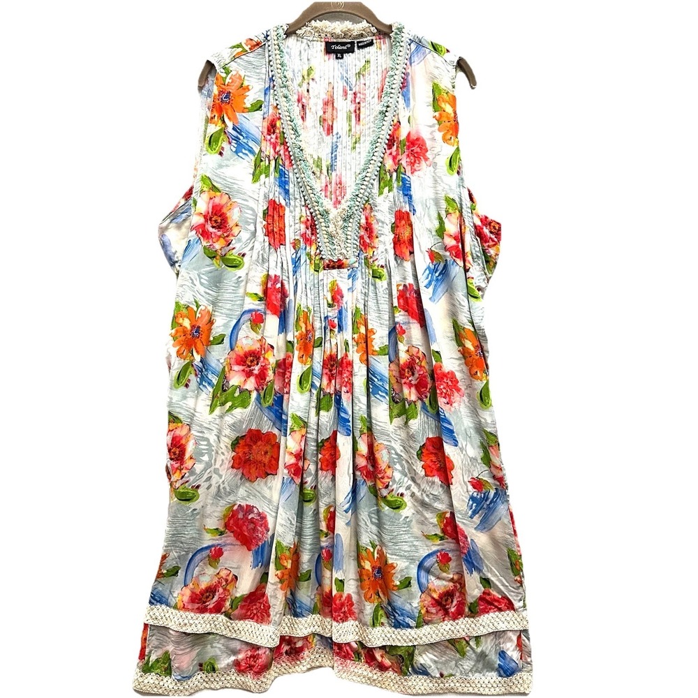 Tolani Floral Dress XL Pintuck Tiered Pockets Crochet Sleeveless Lightweight